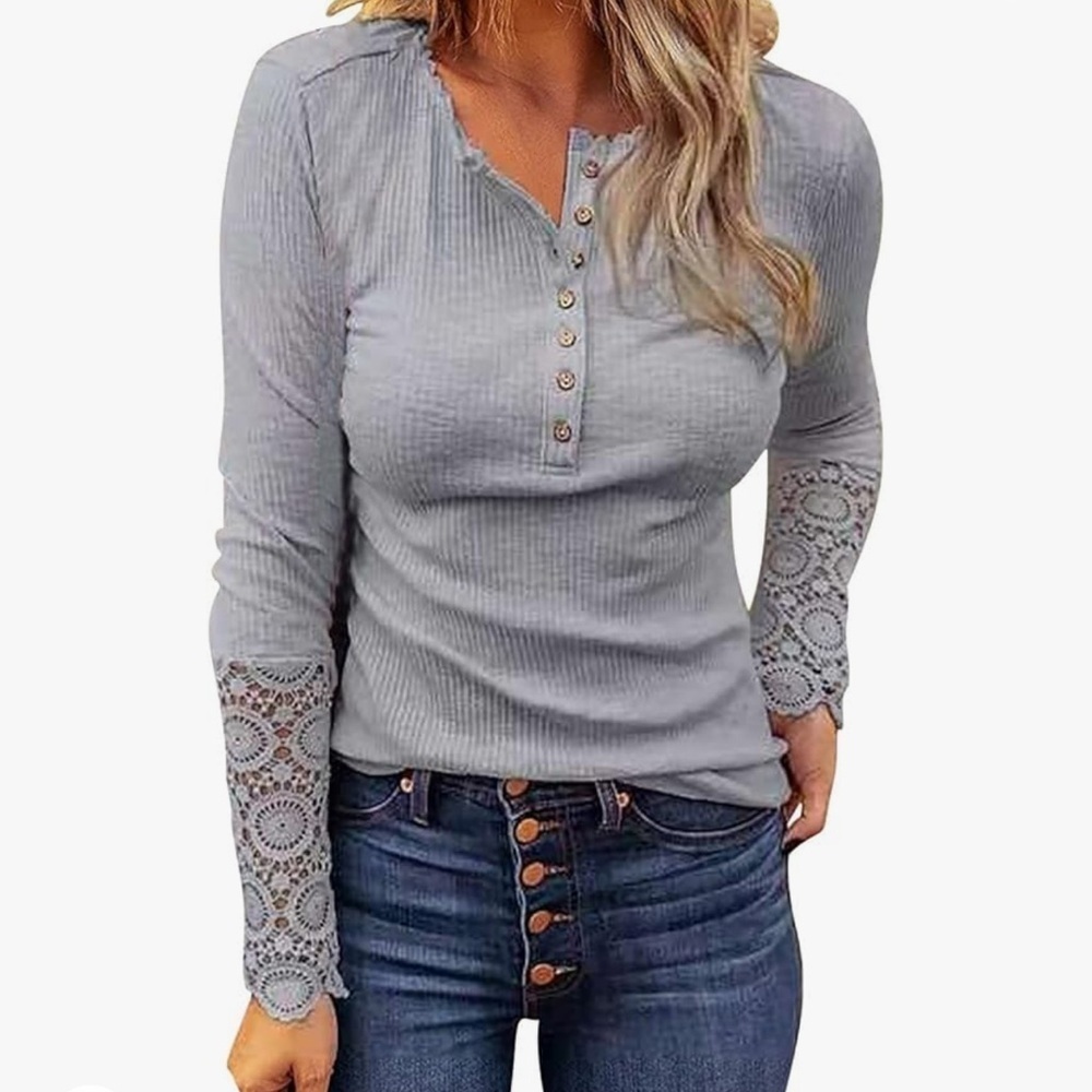 Womens Dressy Casual Slim Fit Round Neck Stitching Lace Top
